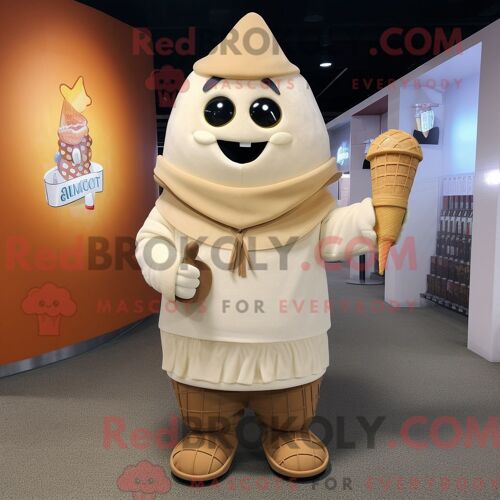 Costume De Mascotte Redbrokoly De Cornet De Crème Glacée Beige Habillé D Un Camouflage Et D Épingles À Châle