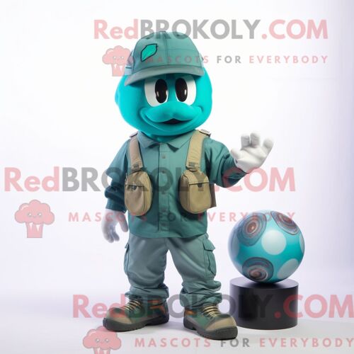 Costume Mascotte Redbrokoly De Grenade Bleu Sarcelle Habillé Avec Un T-Shirt Et Des Casquettes