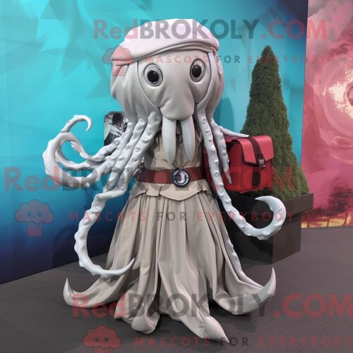 Costume Mascotte Redbrokoly Silver Kraken Habillé Avec Une Jupe Plissée Et Des Sacs À Dos