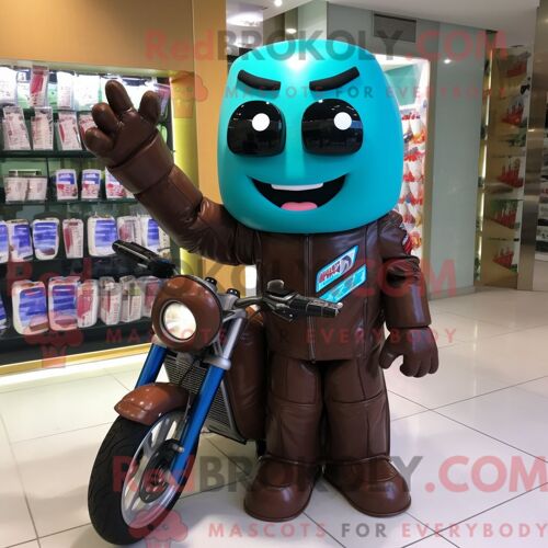 Personnage De Costume De Mascotte Redbrokoly De Barres De Chocolat Cyan Habillé Avec Une Veste De Moto Et Des Porte-Clés