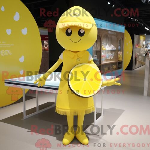 Personnage De Costume De Mascotte Redbrokoly De Table De Ping-Pong Jaune Citron Habillé Avec Une Robe Portefeuille Et Des Sacs À Main