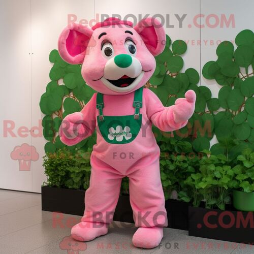 Costume De Mascotte Redbrokoly De Bouquet Rose De Trèfles Personnage Habillé Avec Une Salopette Et Des Bracelets