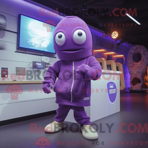 Costume De Mascotte Redbrokoly De Purple Cod Habillé D Un Sweat-Shirt Et De Montres Numériques