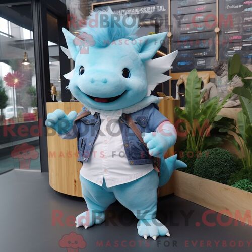 Costume Mascotte Redbrokoly Axolotls Bleu Ciel Habillé D Une Chemise En Flanelle Et De Montres Intelligentes