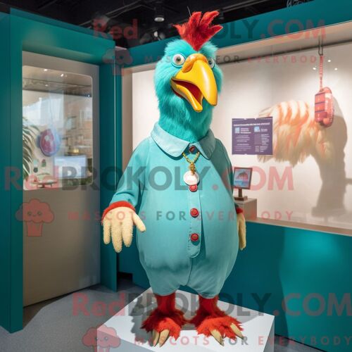 Costume Mascotte Redbrokoly De Coq Turquoise Habillé D Une Chemise Henley Et De Broches