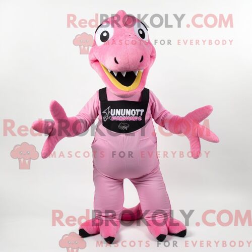 Costume De Mascotte Redbrokoly De Spinosaurus Rose Personnage Habillé D Une Salopette Et De Ceintures De Smoking