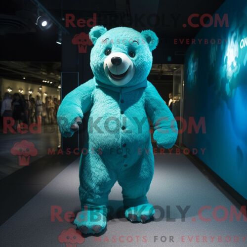 Costume De Mascotte Redbrokoly D Ours Bleu Sarcelle Habillé D Une Combishort Et De Pinces À Chaussures