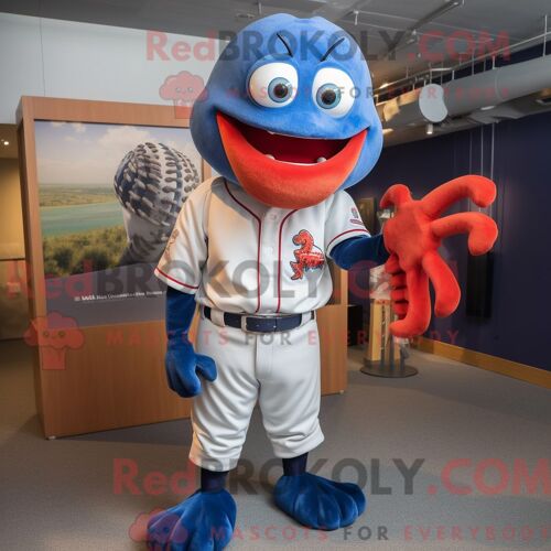 Costume De Mascotte Redbrokoly De Homard Bleu Habillé D Un T-Shirt De Baseball Et D Épingles À Cheveux