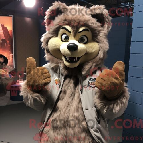 Mascotte Redbrokoly De Loup-Garou Beige Costume De Personnage Habillé Avec Un Sweat À Capuche Et Des Mitaines