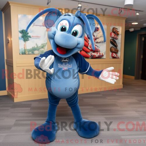 Costume De Mascotte Redbrokoly De Homard Bleu Habillé D Un T-Shirt De Baseball Et D Épingles À Cheveux