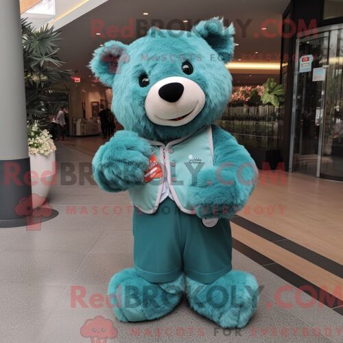 Costume De Mascotte Redbrokoly D Ours Bleu Sarcelle Habillé D Une Combishort Et De Pinces À Chaussures