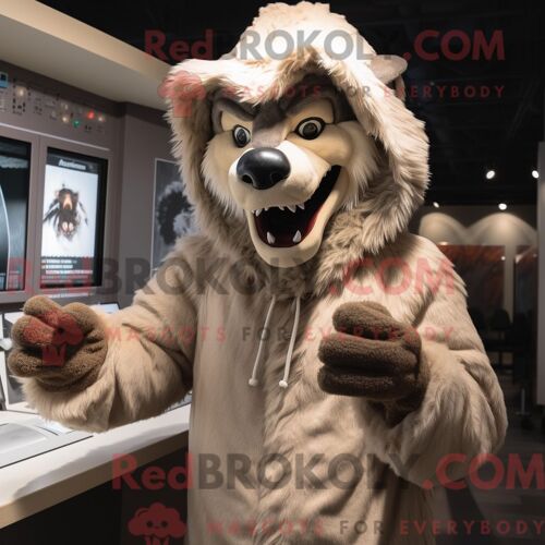 Mascotte Redbrokoly De Loup-Garou Beige Costume De Personnage Habillé Avec Un Sweat À Capuche Et Des Mitaines