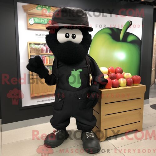 Mascotte Redbrokoly De Personnage De Pomme Noire Habillé Avec Un Pantalon Cargo Et Des Casquettes