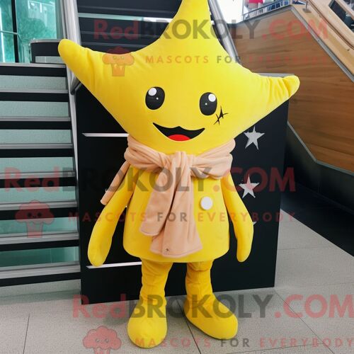 Costume De Mascotte Redbrokoly D Étoile De Mer Jaune Citron Personnage Habillé Avec Une Veste Et Des Clips Pour Écharpe