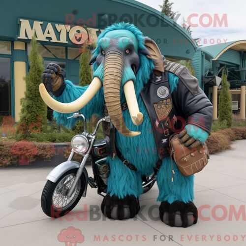 Costume De Mascotte Redbrokoly De Mammouth Bleu Sarcelle Habillé D Une Veste De Motard Et De Sacs Fourre-Tout