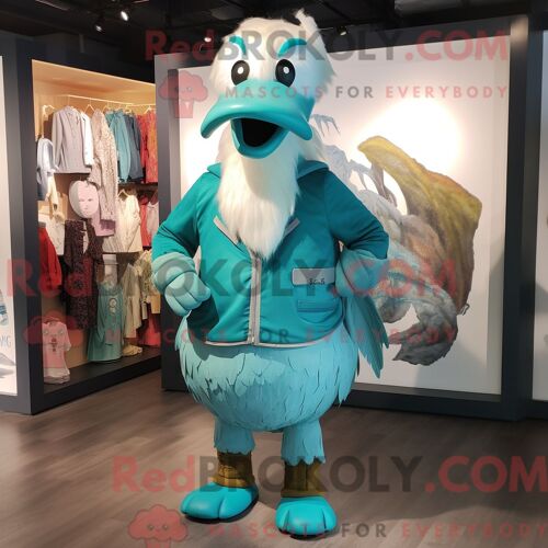 Costume De Mascotte Redbrokoly De Cygne Turquoise Habillé D Un Short Cargo Et De Ceintures De Smoking
