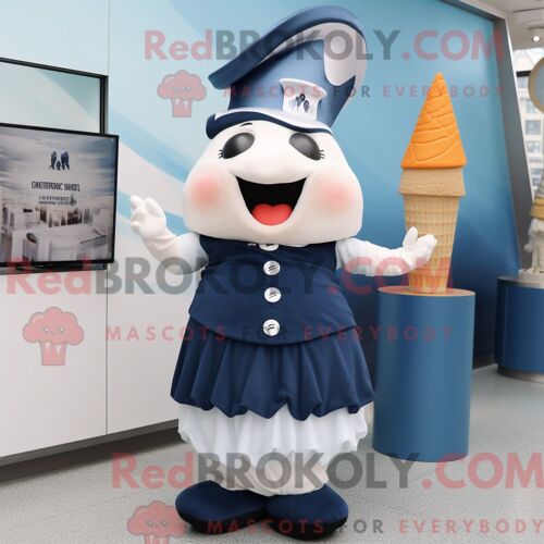 Costume De Mascotte Redbrokoly De Cornet De Glace Bleu Marine Habillé D Une Jupe Plissée Et De Mitaines