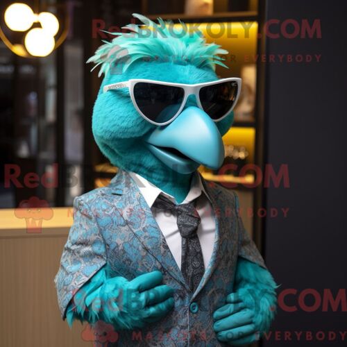 Mascotte Redbrokoly De Poulet Tandoori Turquoise Personnage Habillé Avec Un Gilet Et Des Lunettes De Soleil