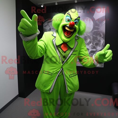 Costume De Mascotte Redbrokoly De Clown Maléfique Vert Citron Habillé Avec Une Veste De Costume Et Des Gants