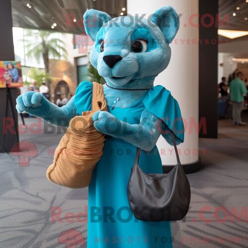 Costume Mascotte Redbrokoly De Jaguarundi Turquoise Habillé D Une Jupe-Culotte Et De Sacs À Main