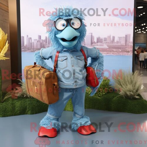 Costume De Mascotte Redbrokoly De Poulet Parmesan Bleu Ciel Habillé D Une Chemise En Jean Et De Sacs À Main