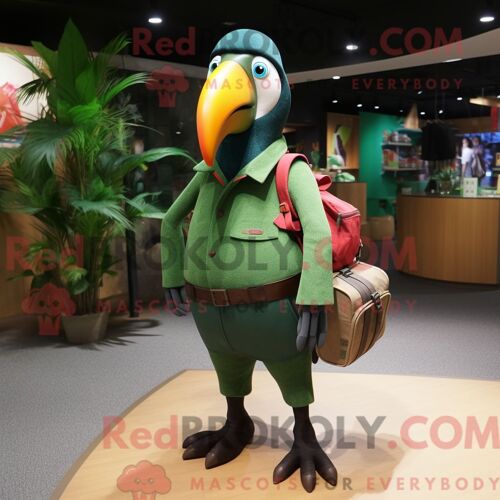 Costume De Mascotte Redbrokoly De Toucan Vert Forêt Habillé D Un Short En Jean Et De Sacs Messager