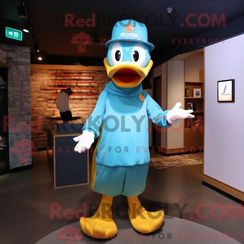 Personnage De Costume De Mascotte Redbrokoly De Canard Cyan Habillé Avec Un T-Shirt À Manches Longues Et Des Casquettes