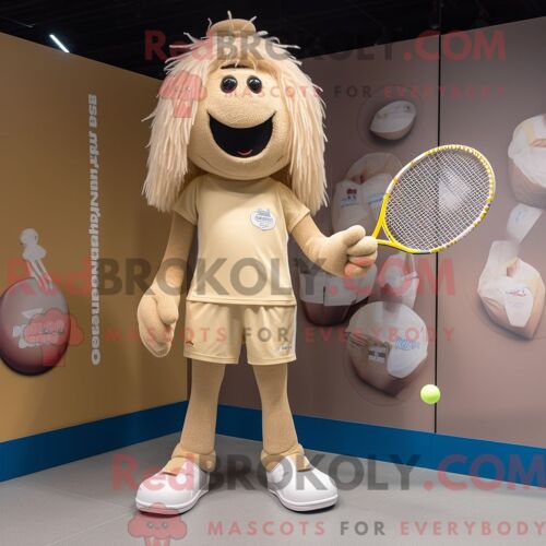 Mascotte Redbrokoly De Personnage De Costume De Raquette De Tennis Beige Habillé Avec Un Pantalon Capri Et Des Épingles À Cheveux