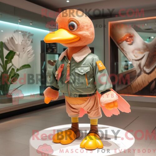 Costume De Mascotte Redbrokoly Peach Dodo Bird Personnage Habillé Avec Un Blouson Aviateur Et Des Broches