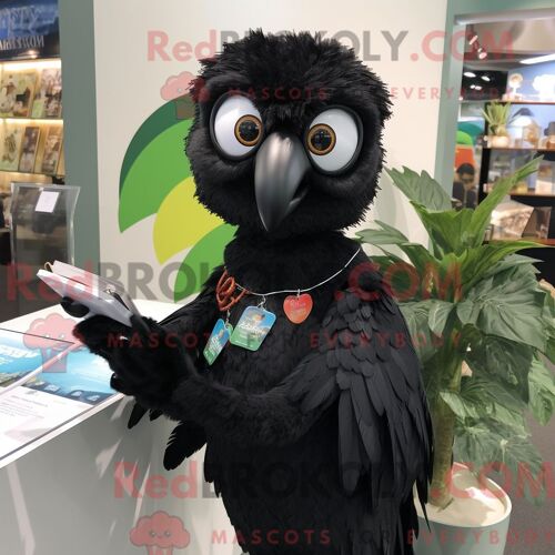 Costume Mascotte Redbrokoly De Perroquet Noir Habillé D Une Mini Robe Et De Lunettes De Lecture