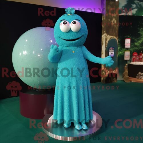 Costume Mascotte Redbrokoly De Balle De Golf Turquoise Personnage Habillé Avec Une Robe Longue Et Des Broches