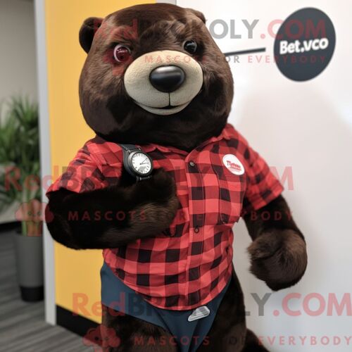 Personnage De Costume De Mascotte Redbrokoly De Black Seal Habillé D Une Chemise En Flanelle Et De Montres Intelligentes