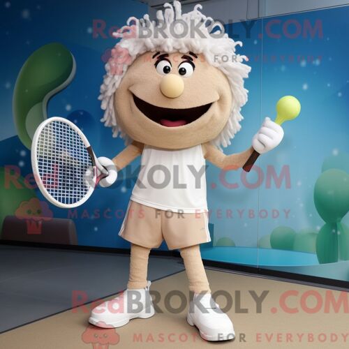 Mascotte Redbrokoly De Personnage De Costume De Raquette De Tennis Beige Habillé Avec Un Pantalon Capri Et Des Épingles À Cheveux