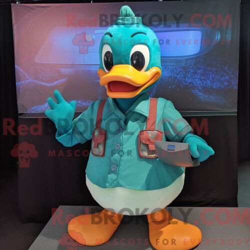 Costume Mascotte Redbrokoly De Canard Turquoise Personnage Habillé Avec Un Débardeur Et Des Bretelles