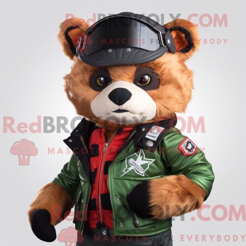 Costume De Mascotte Redbrokoly De Panda Roux Vert Forêt Habillé D Une Veste De Motard Et De Bérets