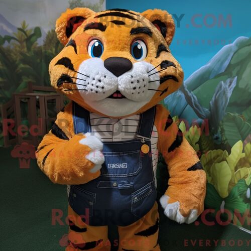 Costume De Mascotte Redbrokoly De Tigre Habillé D Une Salopette Et De Sacs Messager