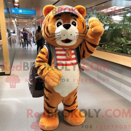 Costume De Mascotte Redbrokoly De Tigre Habillé D Une Salopette Et De Sacs Messager