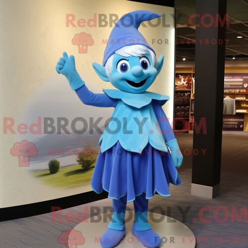 Costume De Mascotte Redbrokoly D Elfe Bleu Ciel Habillé Avec Une Robe Taille Empire Et Des Casquettes
