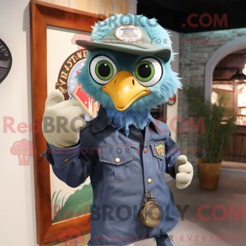 Costume Mascotte Redbrokoly D Aigle Vert Habillé D Une Chemise En Jean Et De Bagues