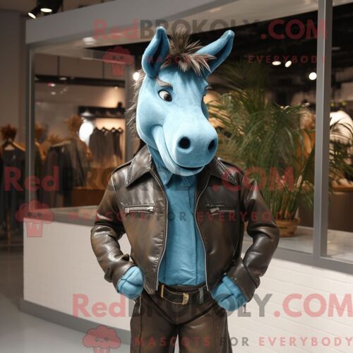 Costume Mascotte Redbrokoly D Âne Cyan Habillé D Une Veste En Cuir Et De Pochettes De Costume
