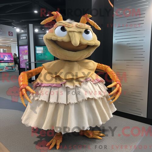 Costume De Mascotte Redbrokoly De Crabe Beige Habillé D Une Jupe Et De Bandeaux