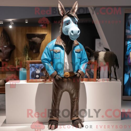 Costume Mascotte Redbrokoly D Âne Cyan Habillé D Une Veste En Cuir Et De Pochettes De Costume