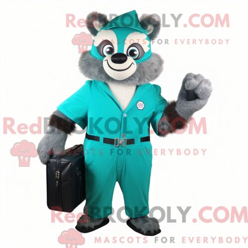 Costume De Mascotte Redbrokoly De Raton Laveur Bleu Sarcelle Habillé D Une Combinaison Et De Porte-Documents