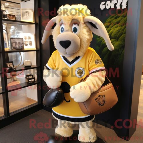 Costume De Mascotte Redbrokoly De Mouton Suffolk Doré Habillé D Une Chemise De Rugby Et De Sacs À Main