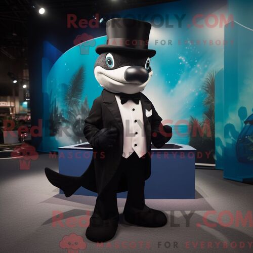 Mascotte Redbrokoly De Barracuda Noir Costume De Personnage Habillé D Un Smoking Et De Bonnets