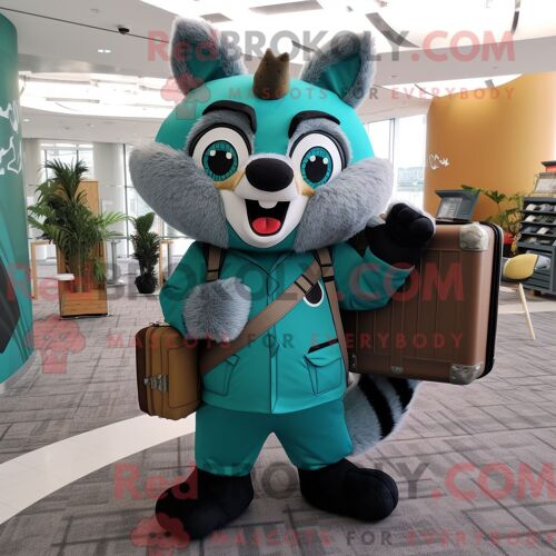 Costume De Mascotte Redbrokoly De Raton Laveur Bleu Sarcelle Habillé D Une Combinaison Et De Porte-Documents