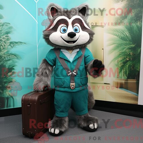 Costume De Mascotte Redbrokoly De Raton Laveur Bleu Sarcelle Habillé D Une Combinaison Et De Porte-Documents