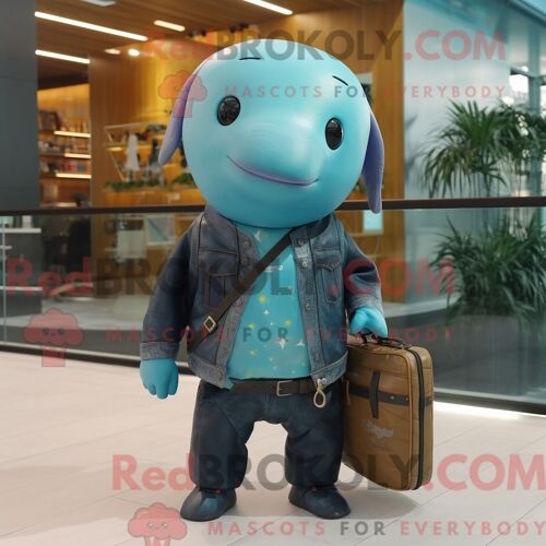 Costume Mascotte Redbrokoly De Narval Turquoise Personnage Habillé D Une Veste En Cuir Et De Porte-Documents