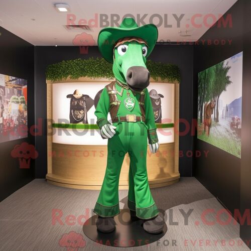 Personnage De Costume De Mascotte Redbrokoly De Fer À Cheval Vert Habillé D Un T-Shirt Graphique Et De Ceintures De Smoking