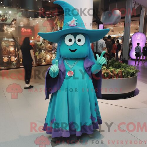 Costume Mascotte Redbrokoly De Chapeau De Sorcière Turquoise Personnage Habillé Avec Une Robe Midi Et Des Colliers